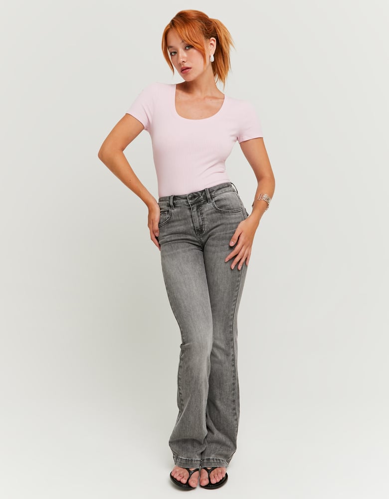 Ladies Grey Mid-Waist Bootcut Jeans-Model Full Front View