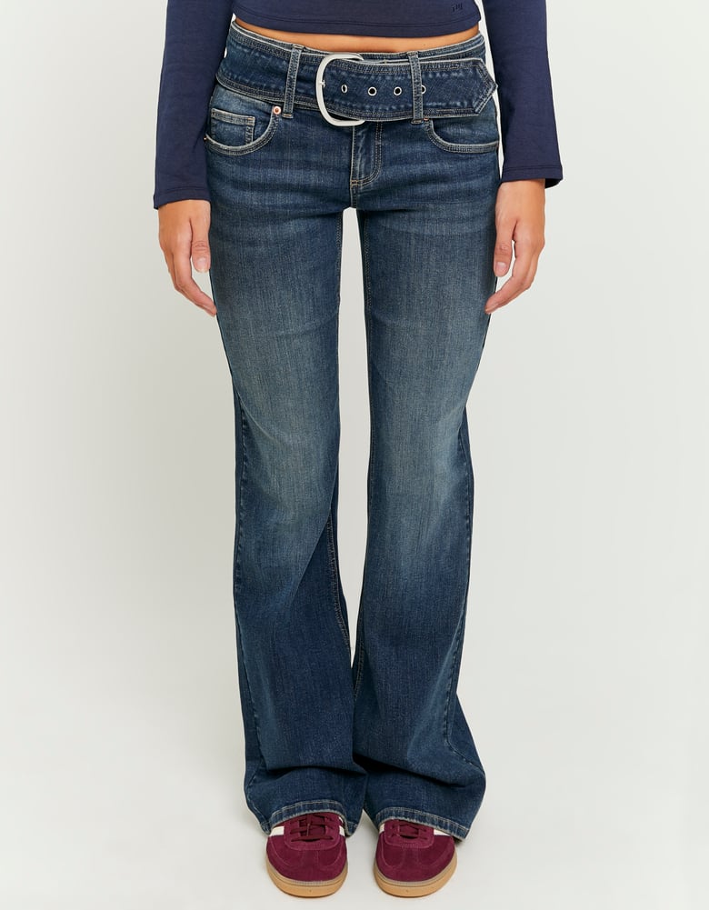 Ladies Blue Mid Waist Bootcut Jeans With Belt-Closer View of the Front
