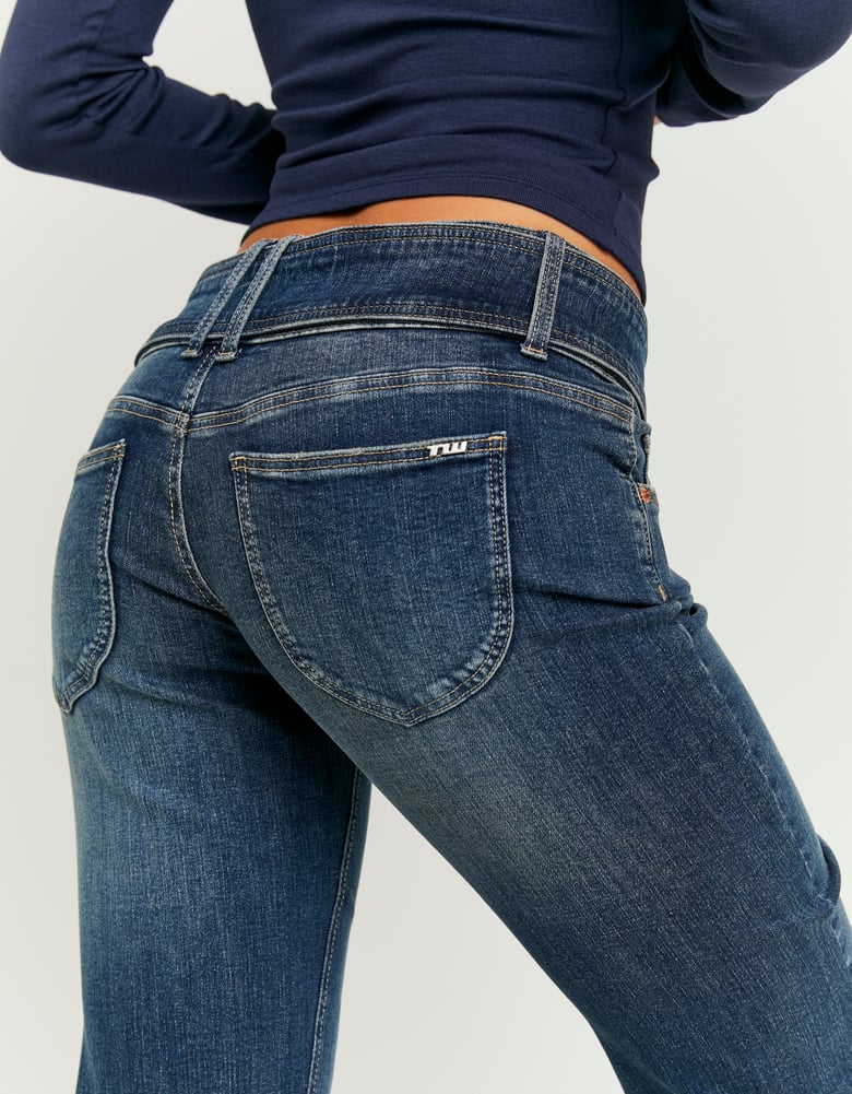 Ladies Blue Mid Waist Bootcut Jeans With Belt-Back Pocket View