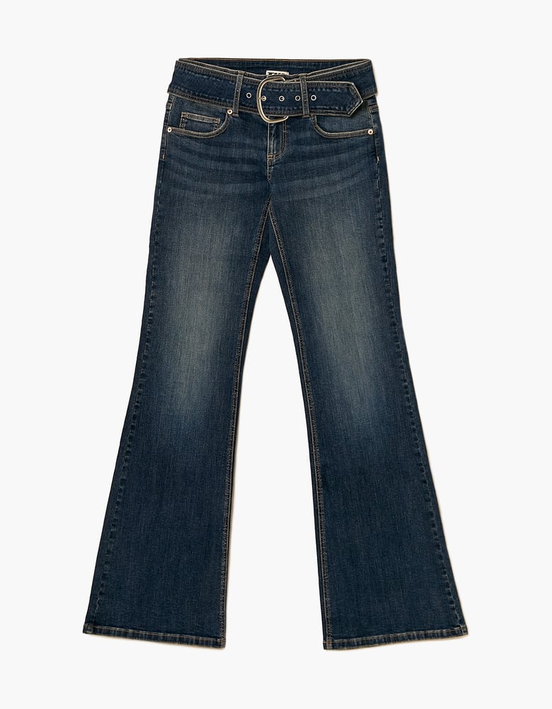 Ladies Blue Mid Waist Bootcut Jeans With Belt-Ghost Front View