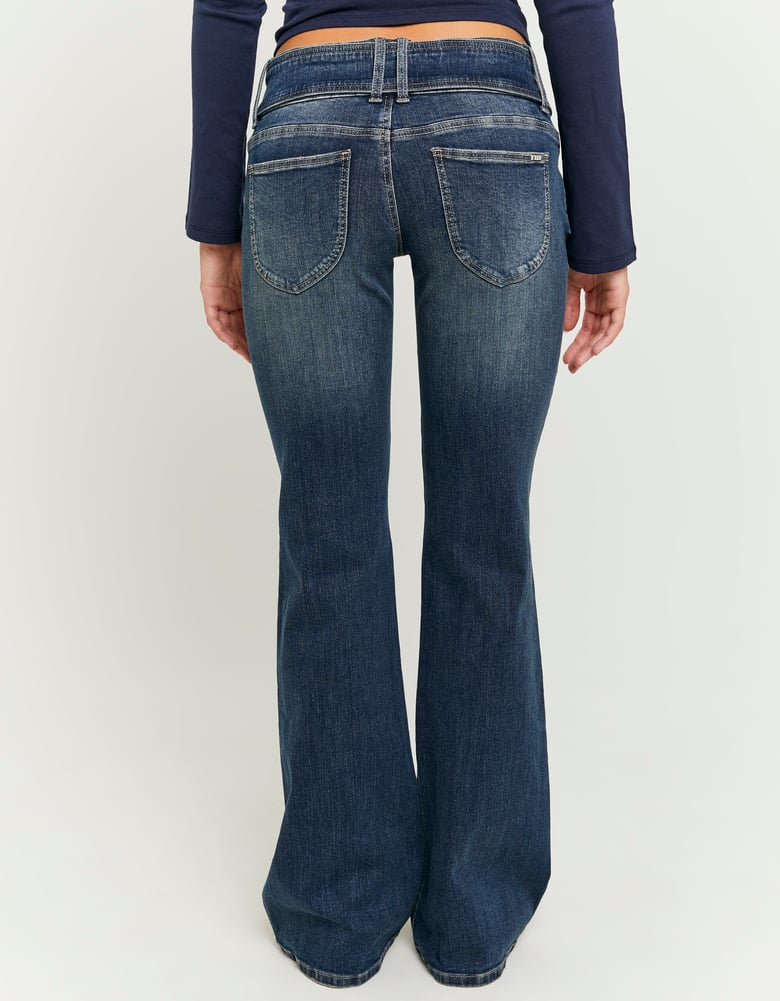 Ladies Blue Mid Waist Bootcut Jeans With Belt-Full Length Back View
