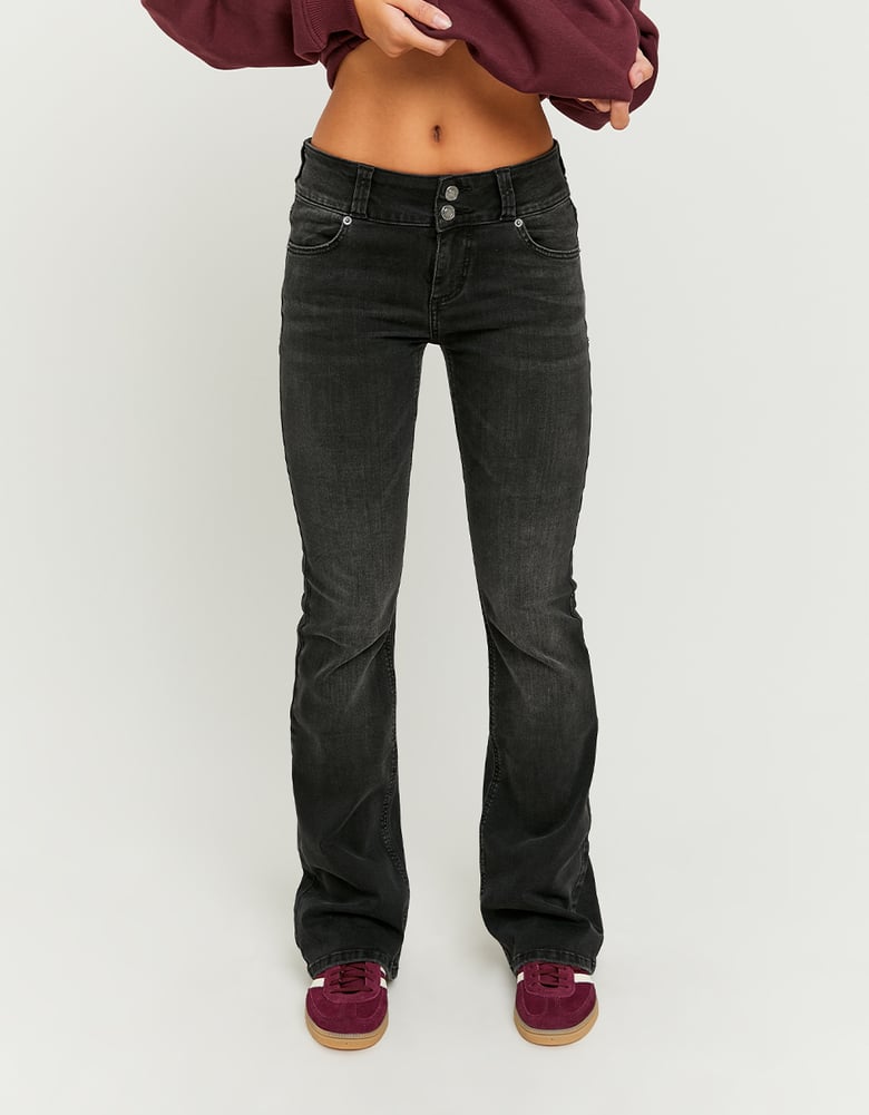 Ladies Low Waist Black Bootcut Jeans-Closer View of the Front of the Jeans