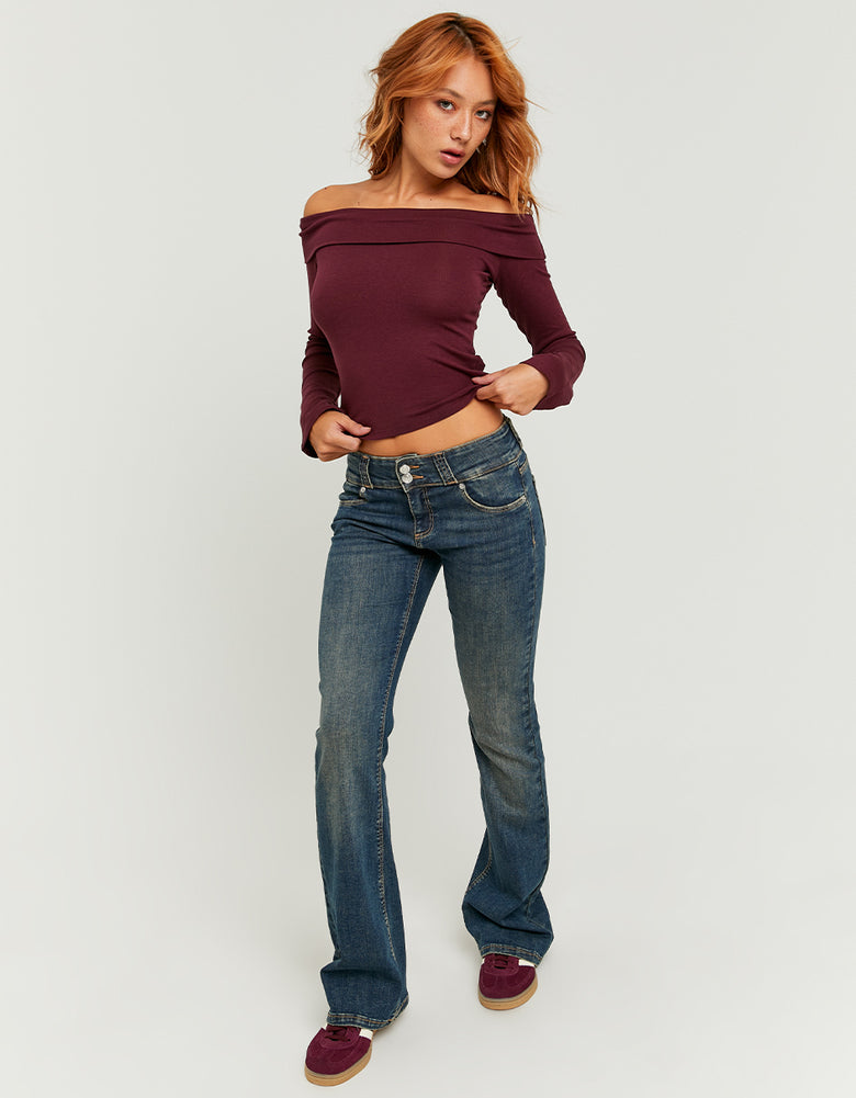 Ladies Low-Waist Blue Bootsut Jeans-Model Full Front View