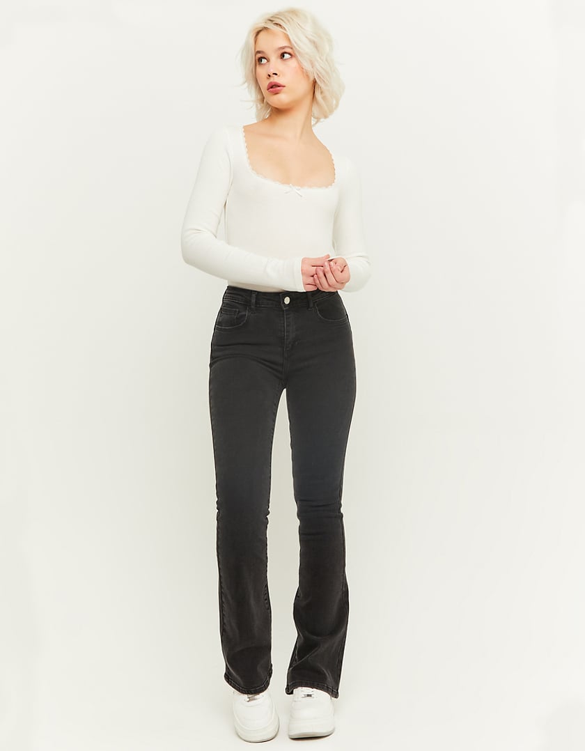 Ladies Mid Waist Black Push Up Flare Jeans-Model Full Front View
