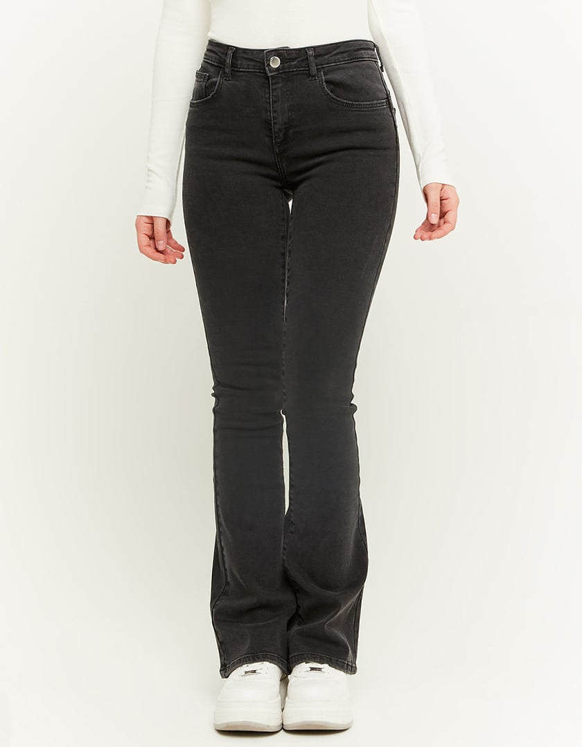 Ladies Mid Waist Black Push Up Flare Jeans-Model Front View