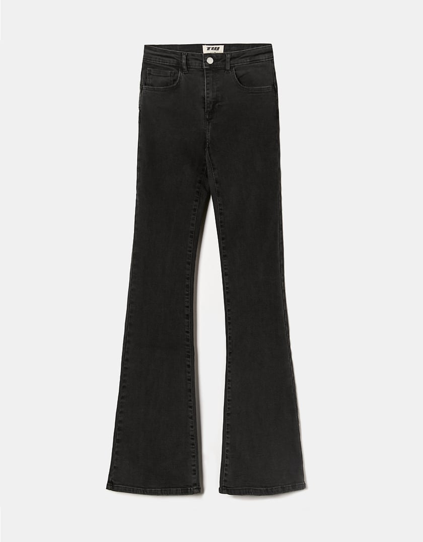 Ladies Mid Waist Black Push Up Flare Jeans-Front View