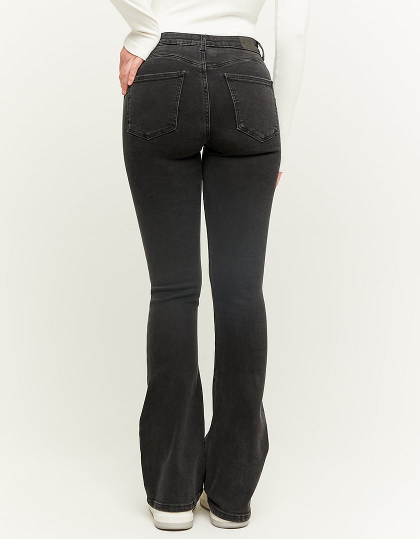 Ladies Mid Waist Black Push Up Flare Jeans-Model Back View