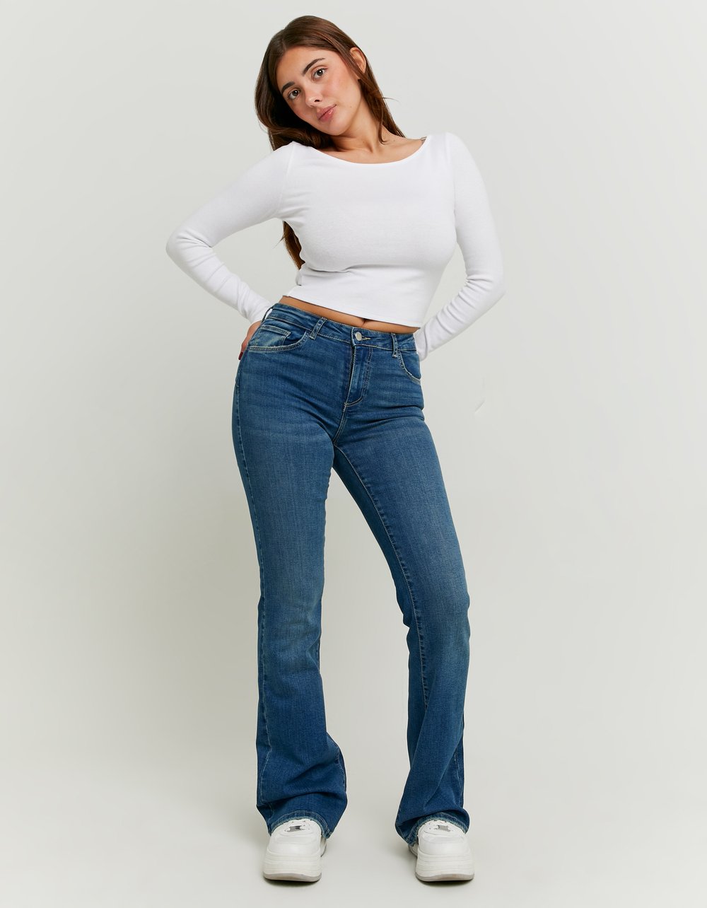 Ladies Blue Mid Waist Push Up Flare Jeans-Model Full Front View