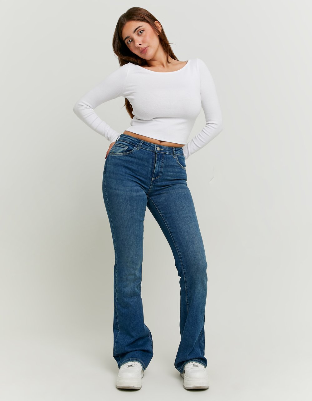 Tally Weijl Blue Mid Waist Push Up Flare Jeans Blue model front view