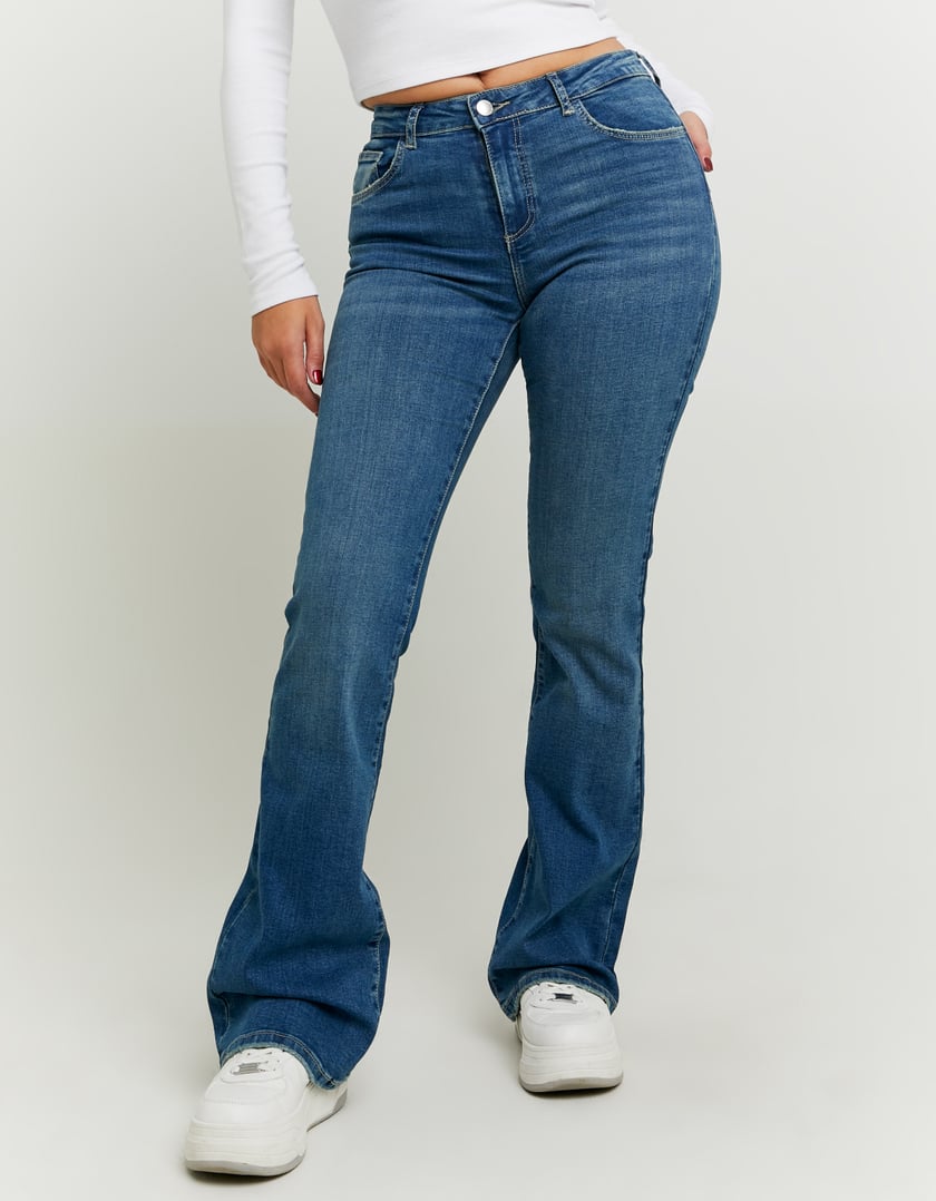 Ladies Blue Mid Waist Push Up Flare Jeans-Model Front View