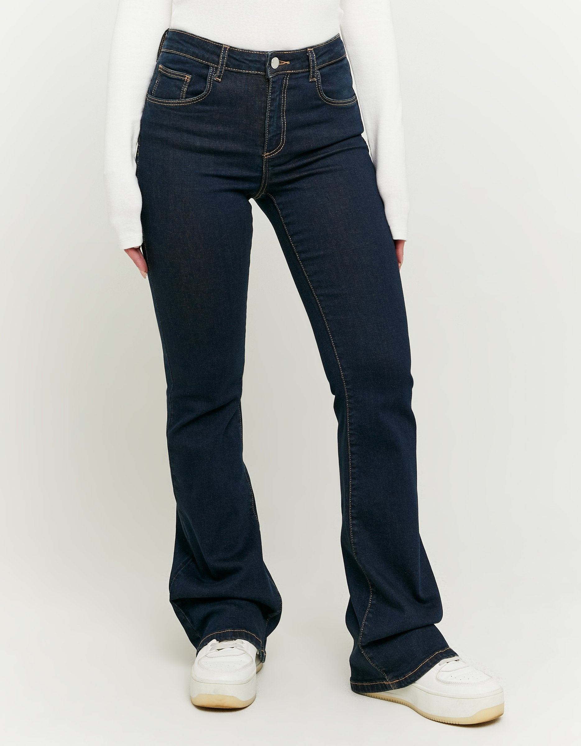 Ladies Mid Waist Push Up Flare Jeans-Model Front View