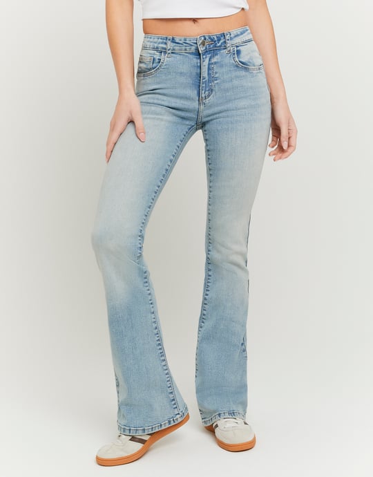Ladies Blue Mid Waist Flare Jeans-Closer View of the Front