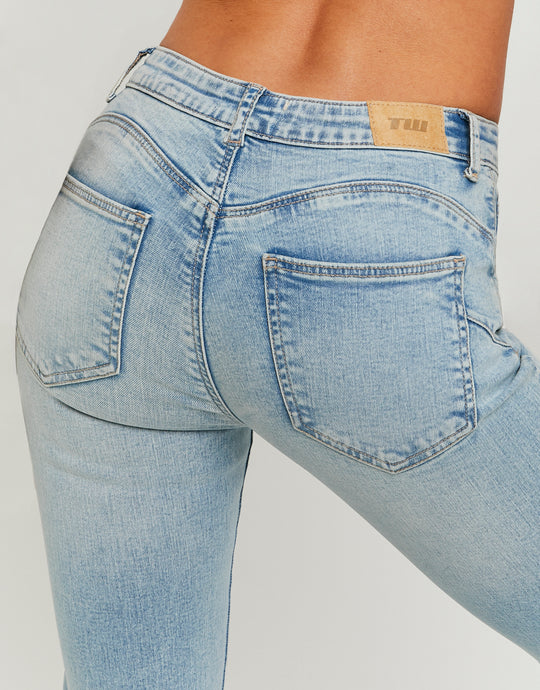 Ladies Blue Mid Waist Flare Jeans-Back Pocket View