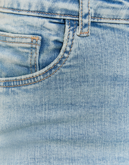 Ladies Blue Mid Waist Flare Jeans-Front Pocket View