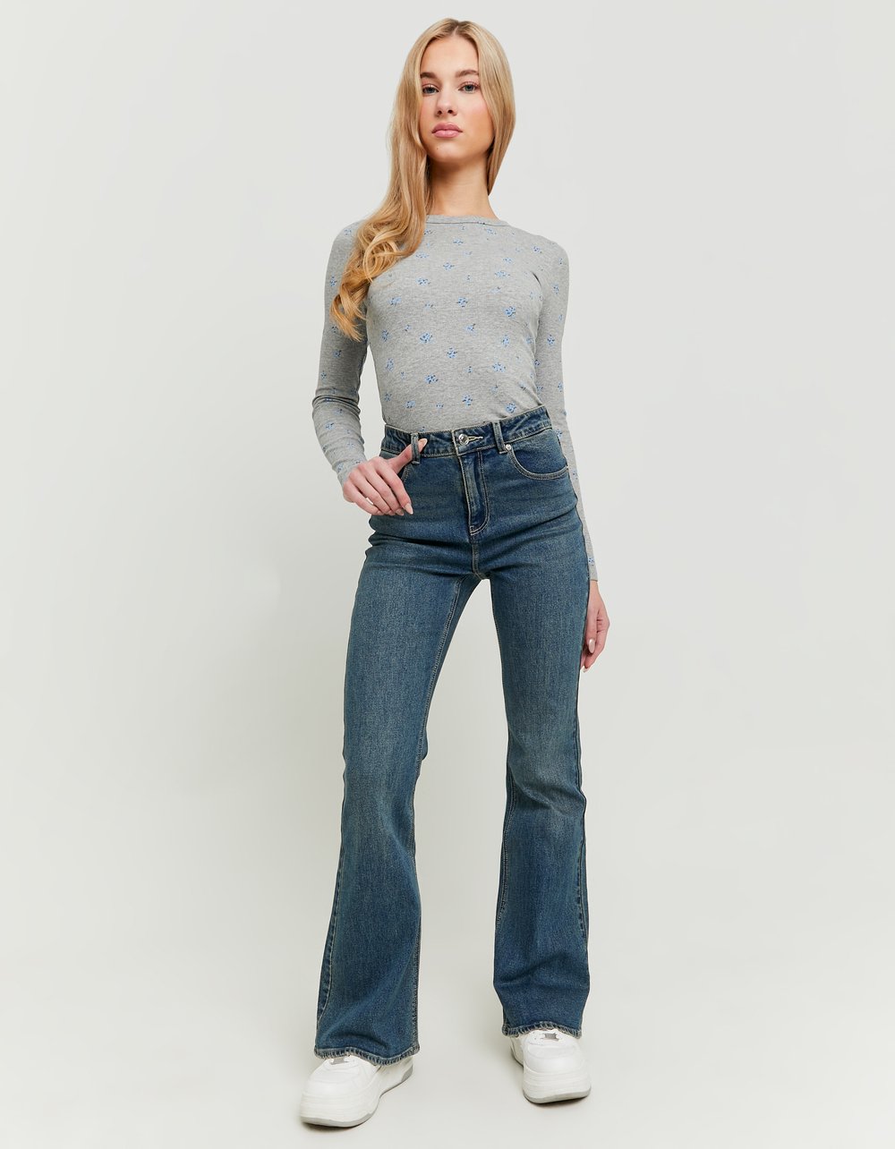 Ladies Blue Flare Jeans-Model Full Front View