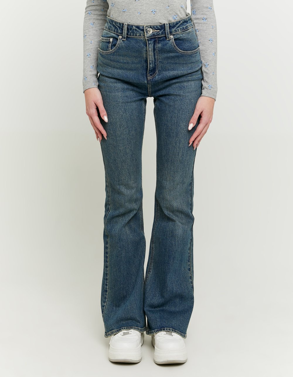 Ladies Blue Flare Jeans-Model Front View