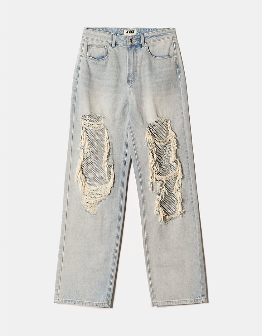 Ladies Light Stone Wash Straight Jeans With Destroys-Front View
