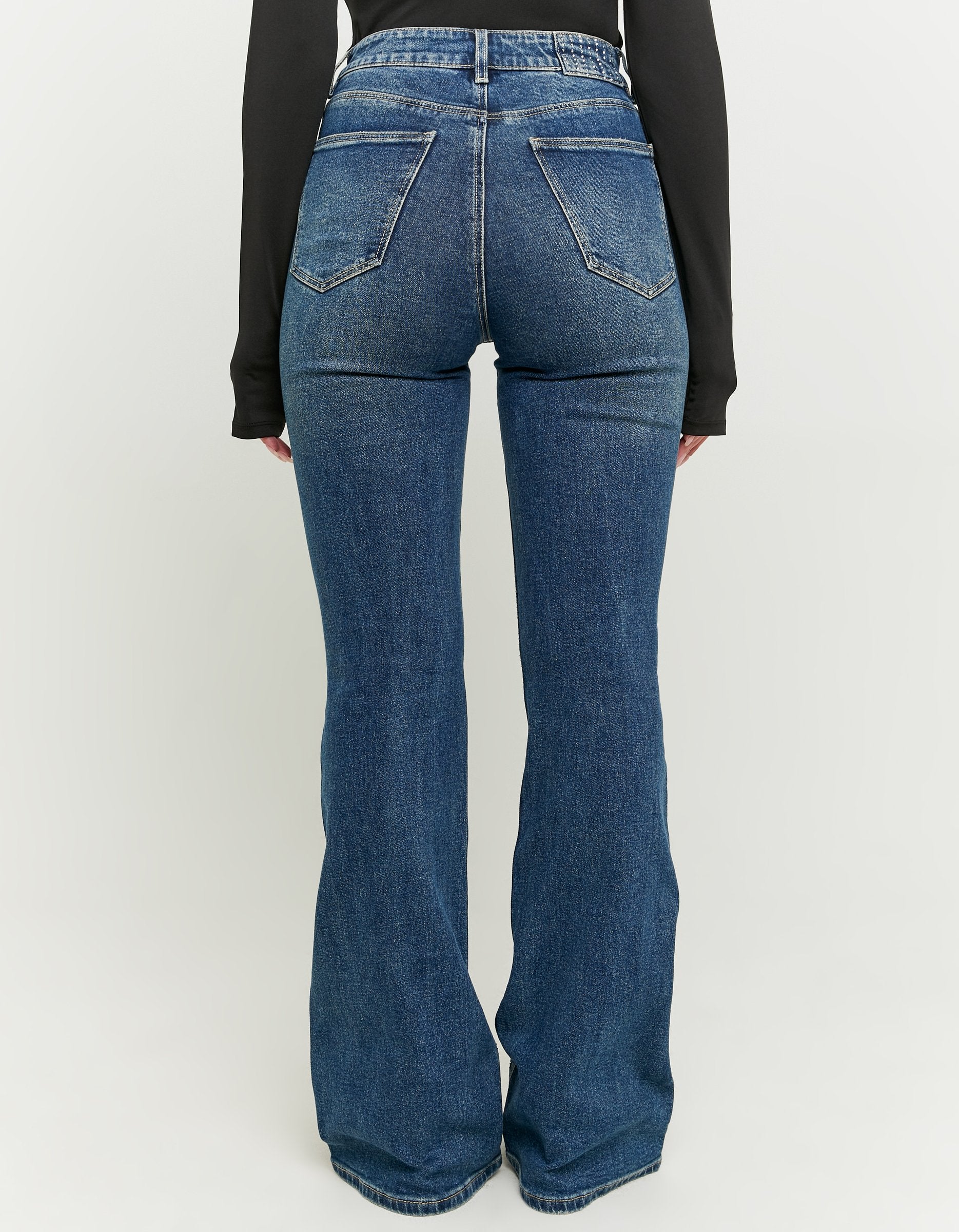 Ladies High Waist Comfort Stretch Flare Jeans With Strass-Model Back View