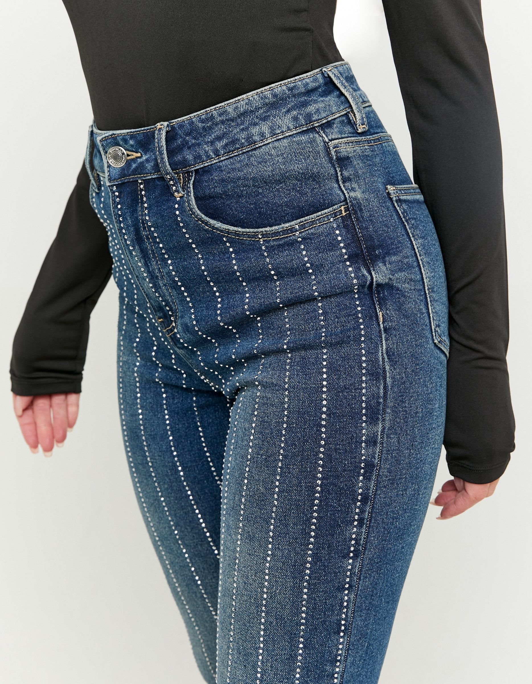 Ladies High Waist Comfort Stretch Flare Jeans With Strass-Waist View