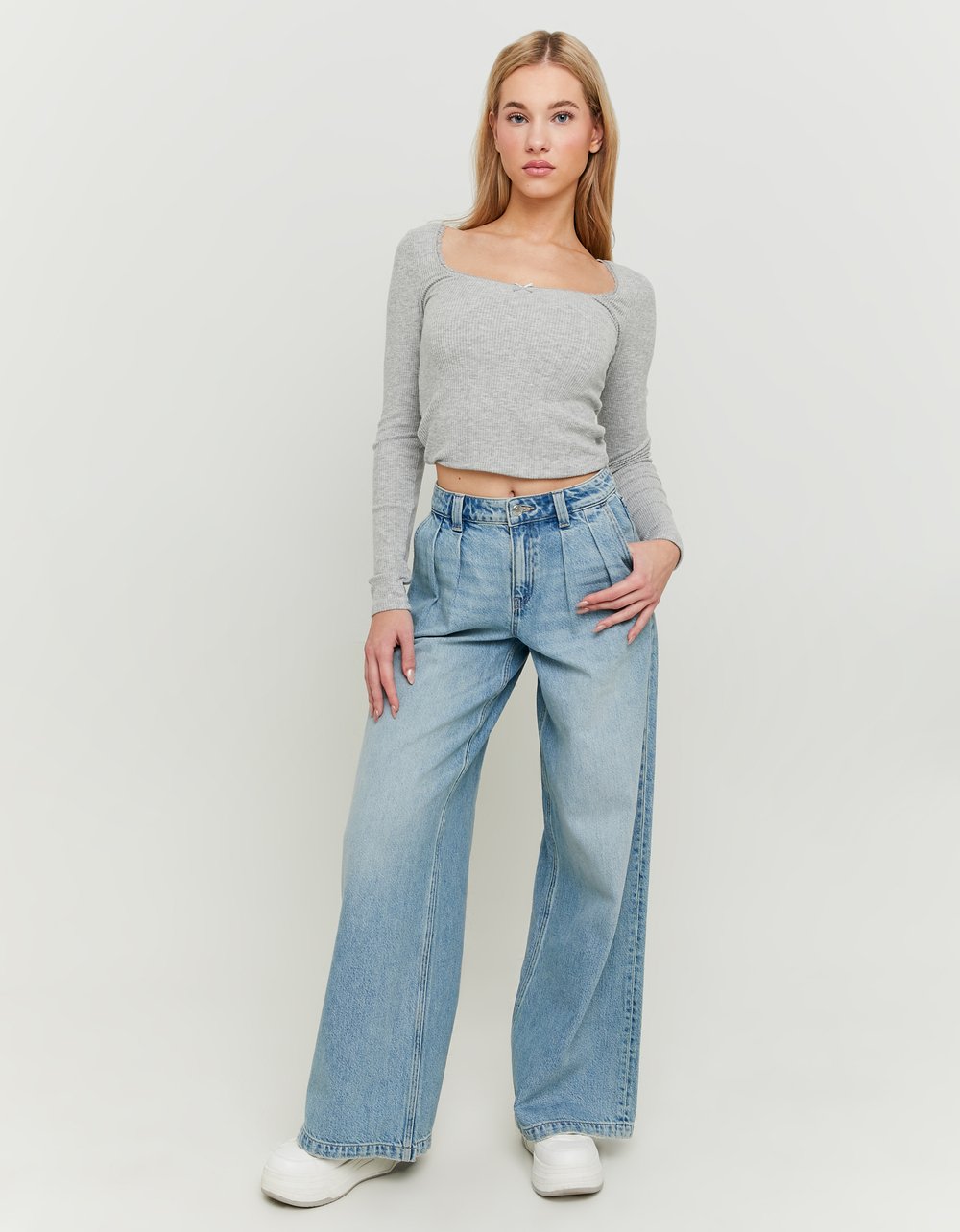 Ladies Low Waist Wide Leg Jeans-Model Full Front View