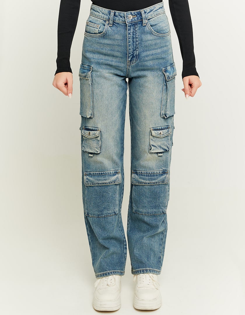 Ladies Mid Waist Cargo Jeans With Multiple Pockets-Model Front View