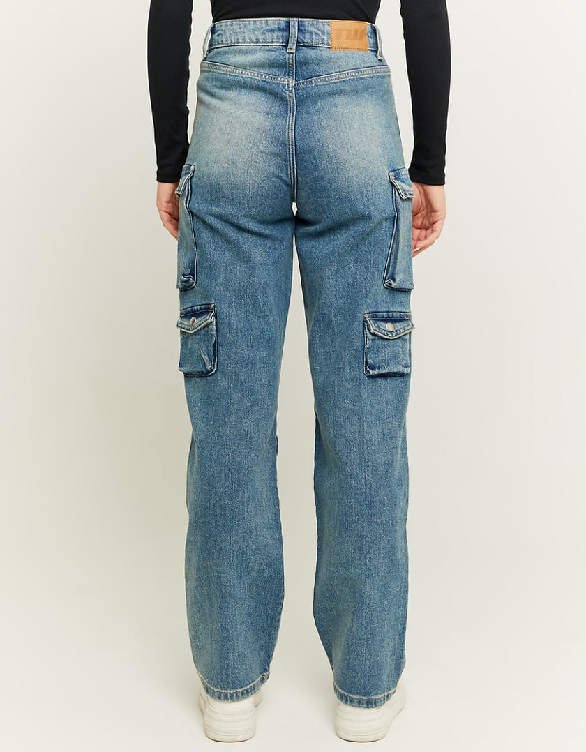 Ladies Mid Waist Cargo Jeans With Multiple Pockets-Model Back View