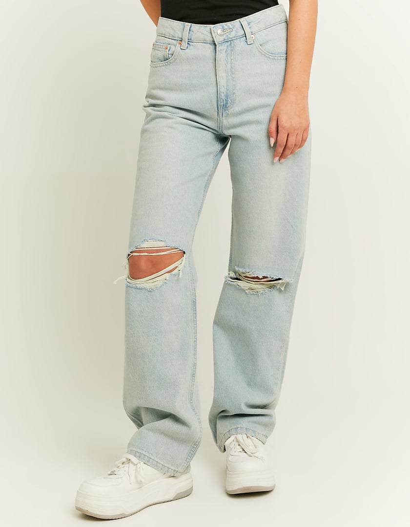 Ladies High Waist Straight Leg Blue Jeans-Model Front View