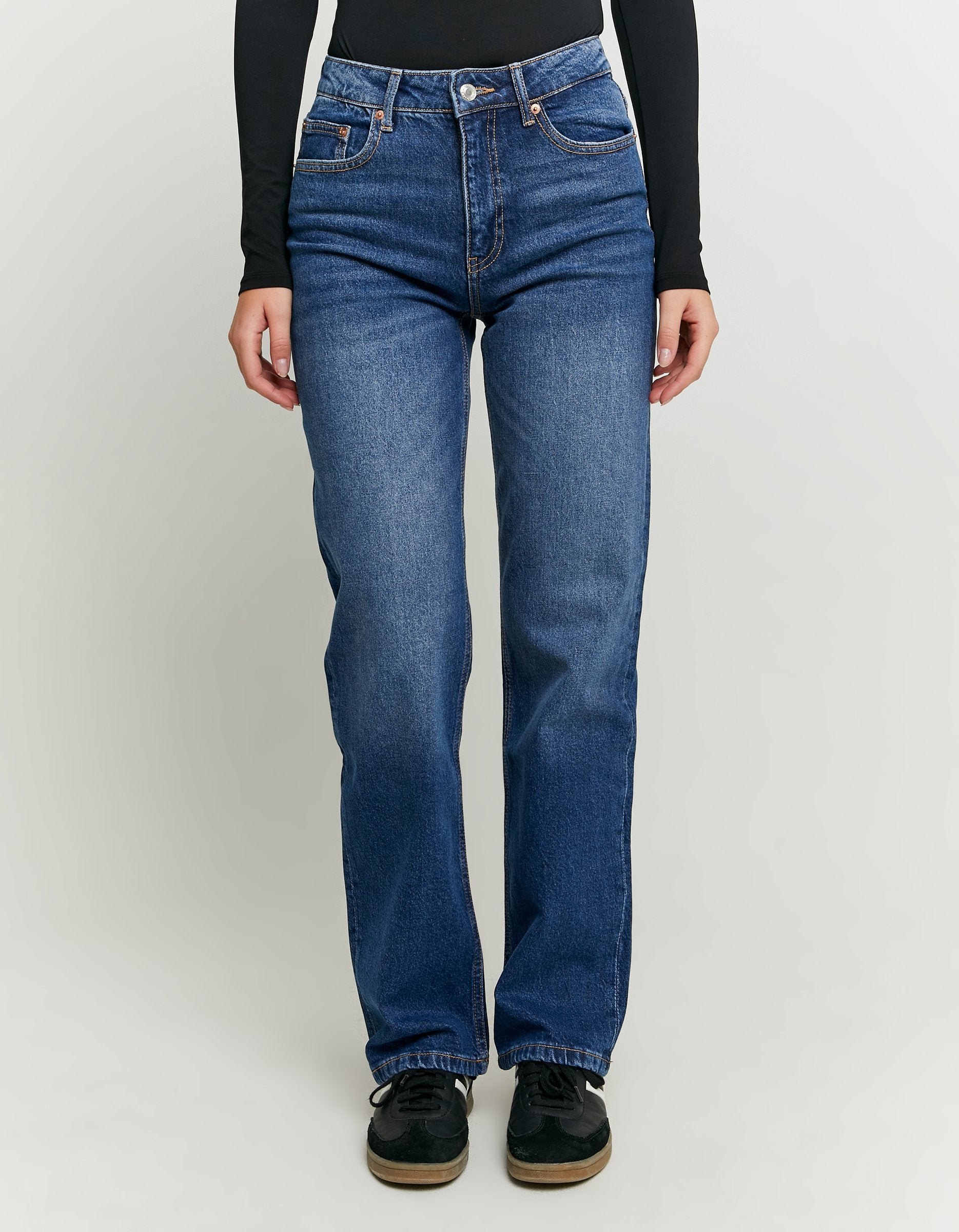 Ladies High Waist Straight Leg Jeans-Closer View of Front