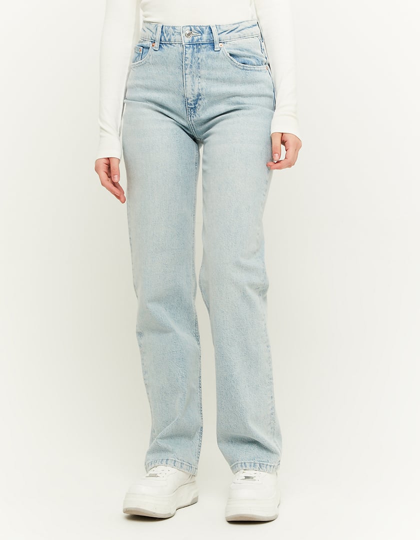 Ladies High Waist Straight Leg Jeans-Model Front View