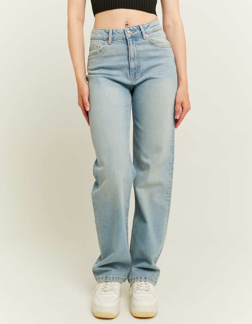 Ladies High Waist Straight Leg Blue Jeans-Model Front View