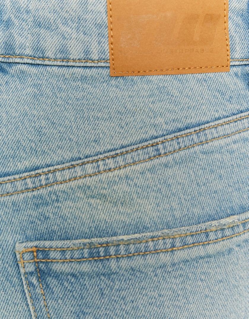 Ladies High Waist Straight Leg Blue Jeans-Close Up View