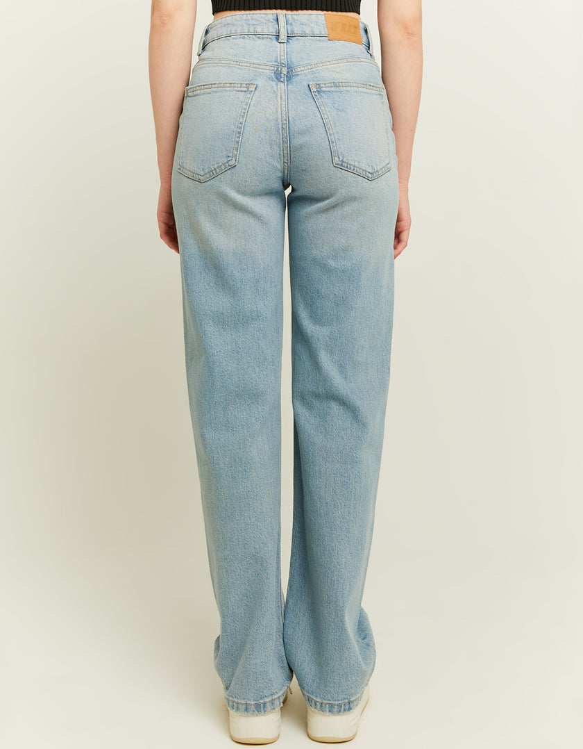 Ladies High Waist Straight Leg Blue Jeans-Model Back View