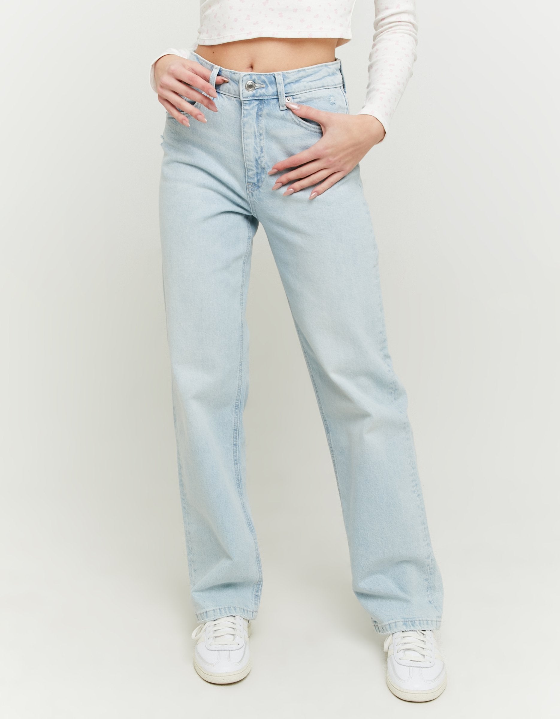 Ladies High Waist Straight Leg Blue Denim Jeans-Closer View