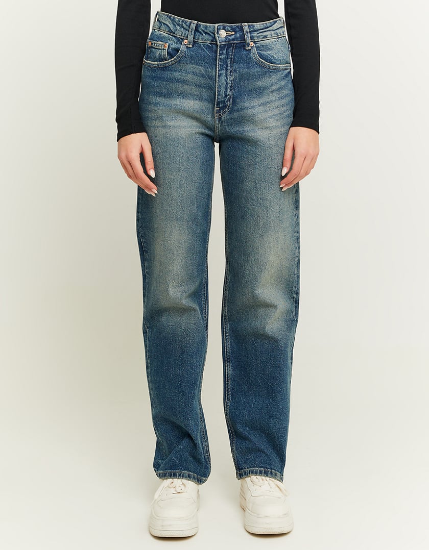 Ladies High Waist Blue Jeans With Straight Legs-Model Front View