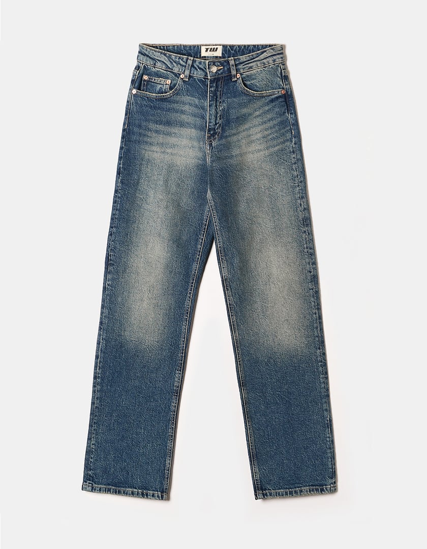 Ladies High Waist Blue Jeans With Straight Legs-Front View
