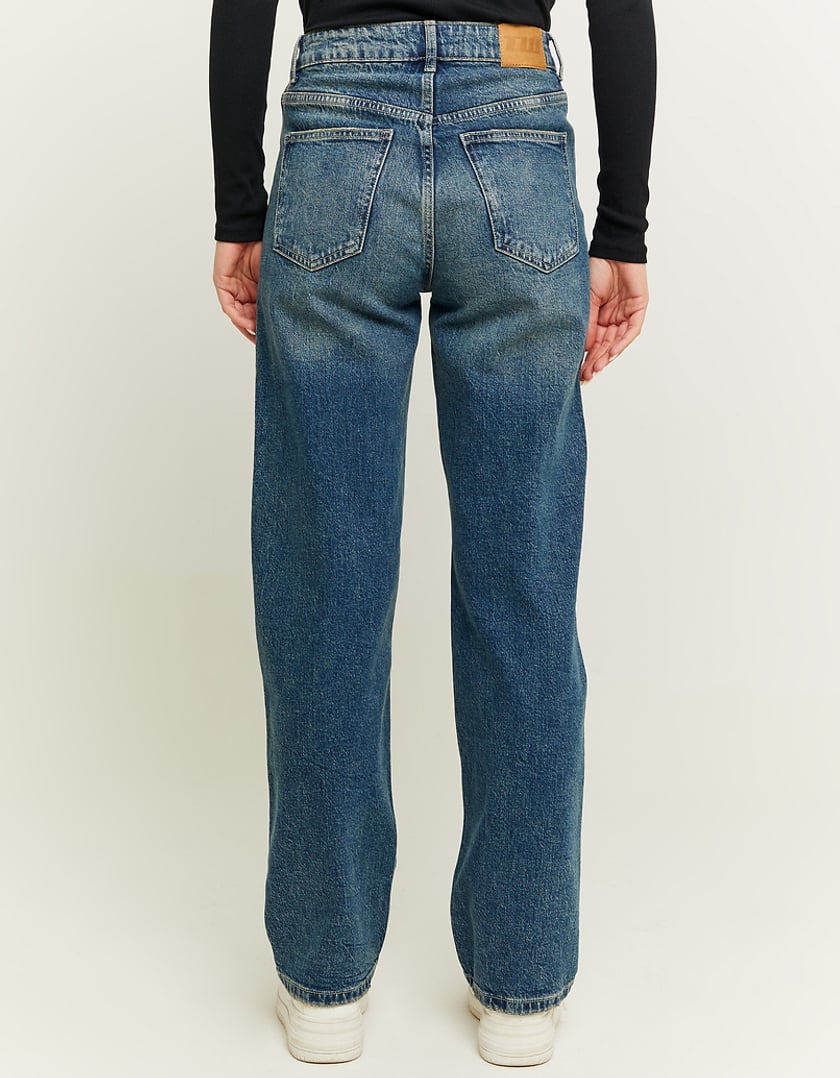 Ladies High Waist Blue Jeans With Straight Legs-Model Back View