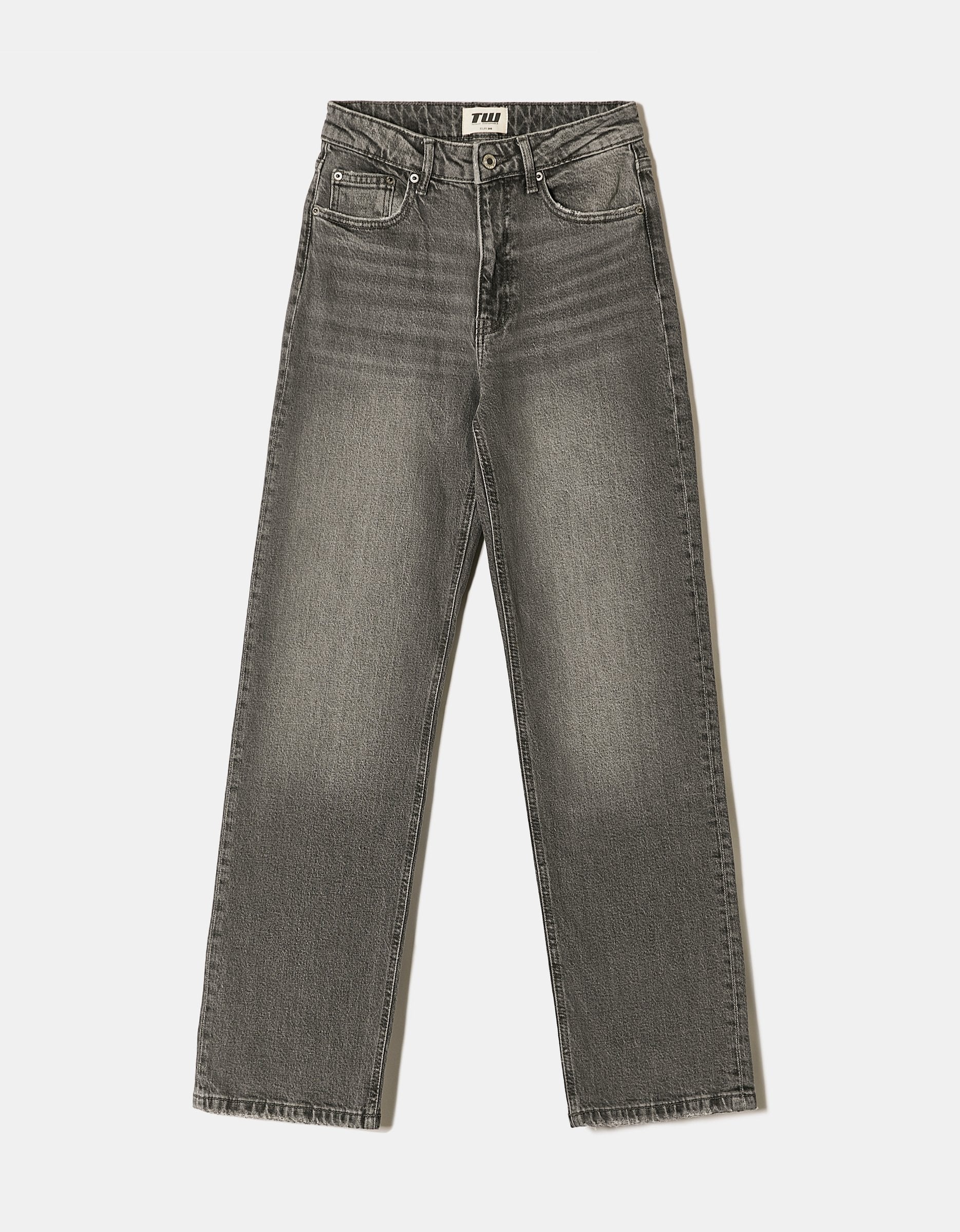 Ladies High Waist Grey Straight Leg Jeans-Front View