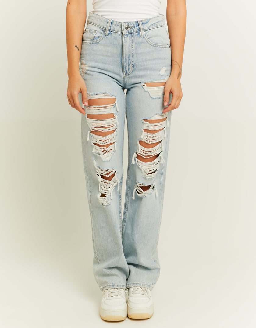 Ladies High Waist Straight Leg Destroyed Jeans-Model Front View