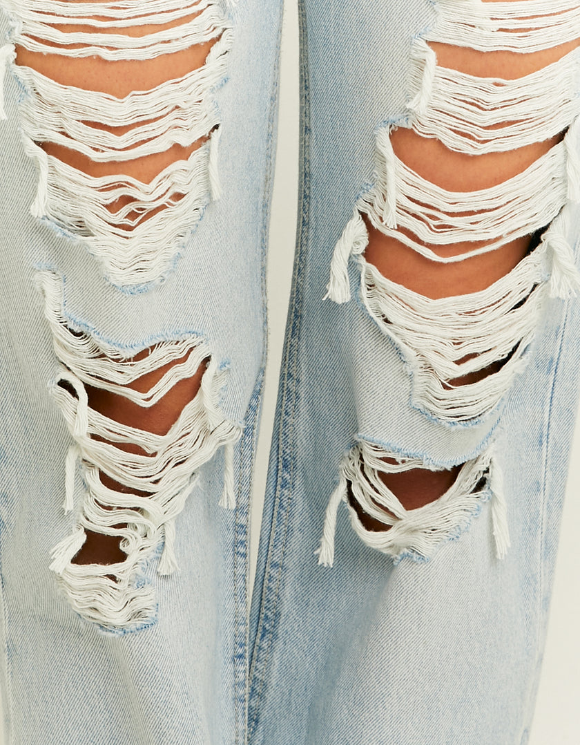 Ladies High Waist Straight Leg Destroyed Jeans-Close Up View