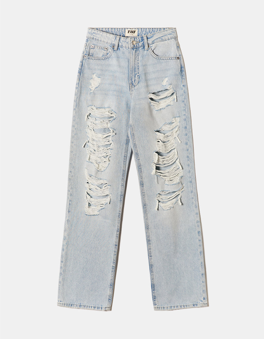 Ladies High Waist Straight Leg Destroyed Jeans-Ghost Front View