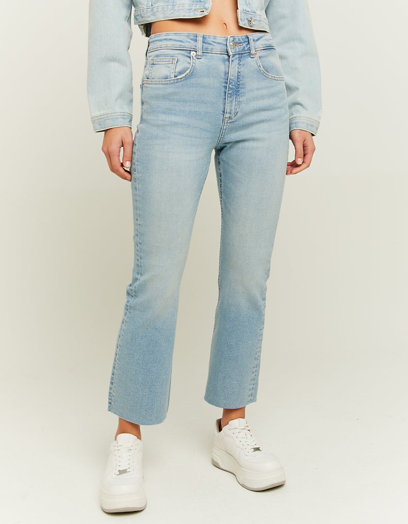 Ladies Kick Flare Mid Waist Comfort Jeans-Model Front View