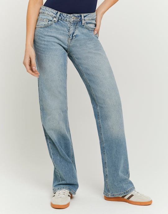 Ladies Low Waist Blue Straight Leg Jeans-Closer View of the Front