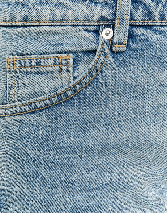 Ladies Low Waist Blue Straight Leg Jeans-Front Pocket View