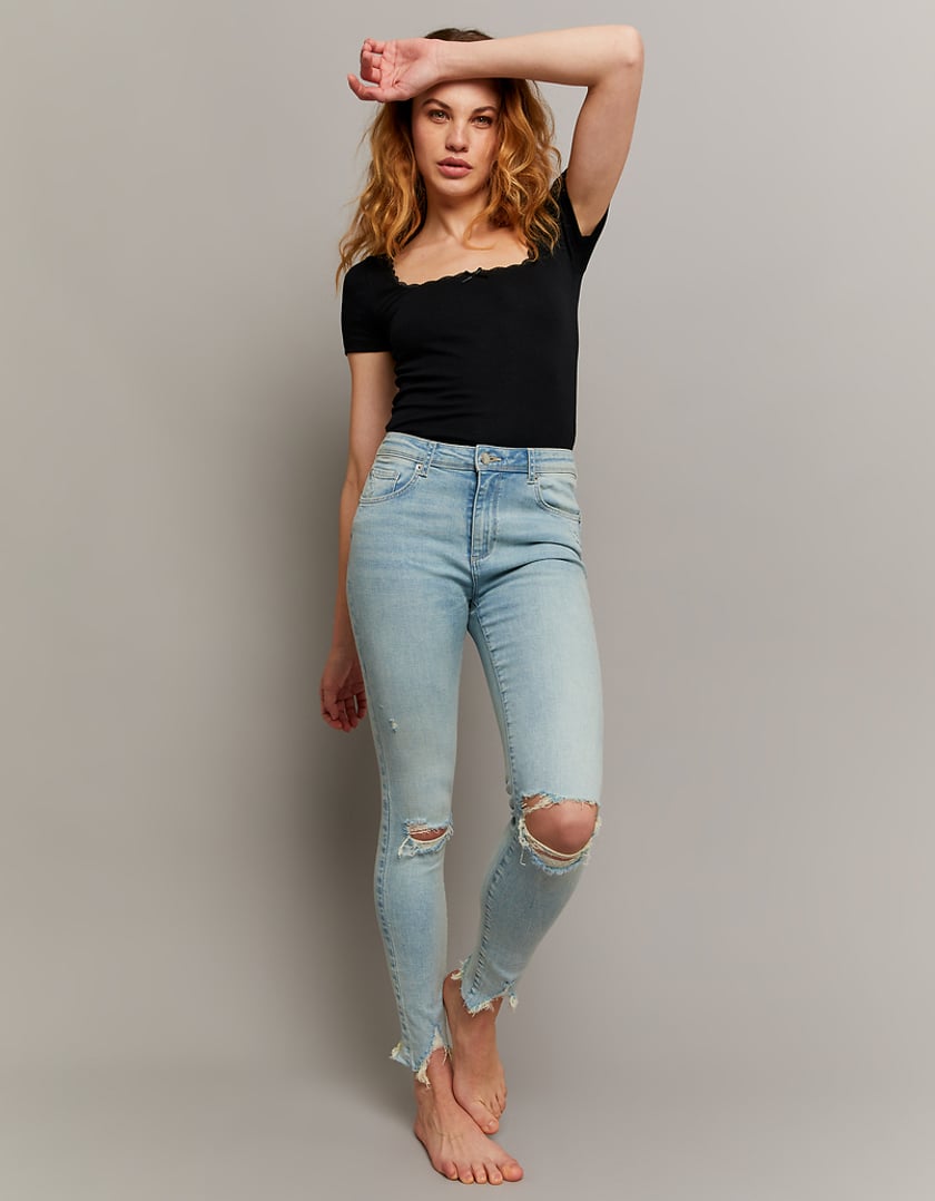 Ladies Skinny Mid Waist Push Up Blue Jeans-Model Full Front View