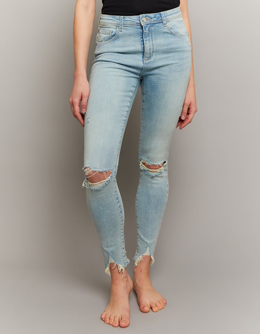 Ladies Skinny Mid Waist Push Up Blue Jeans-Model Front View