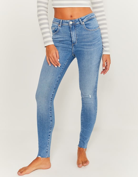 Ladies Mid Waist Push Up Skinny Jeans - Blue-Front View