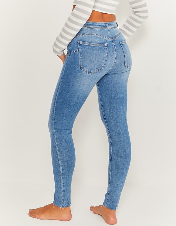 Ladies Mid Waist Push Up Skinny Jeans - Blue-Back View