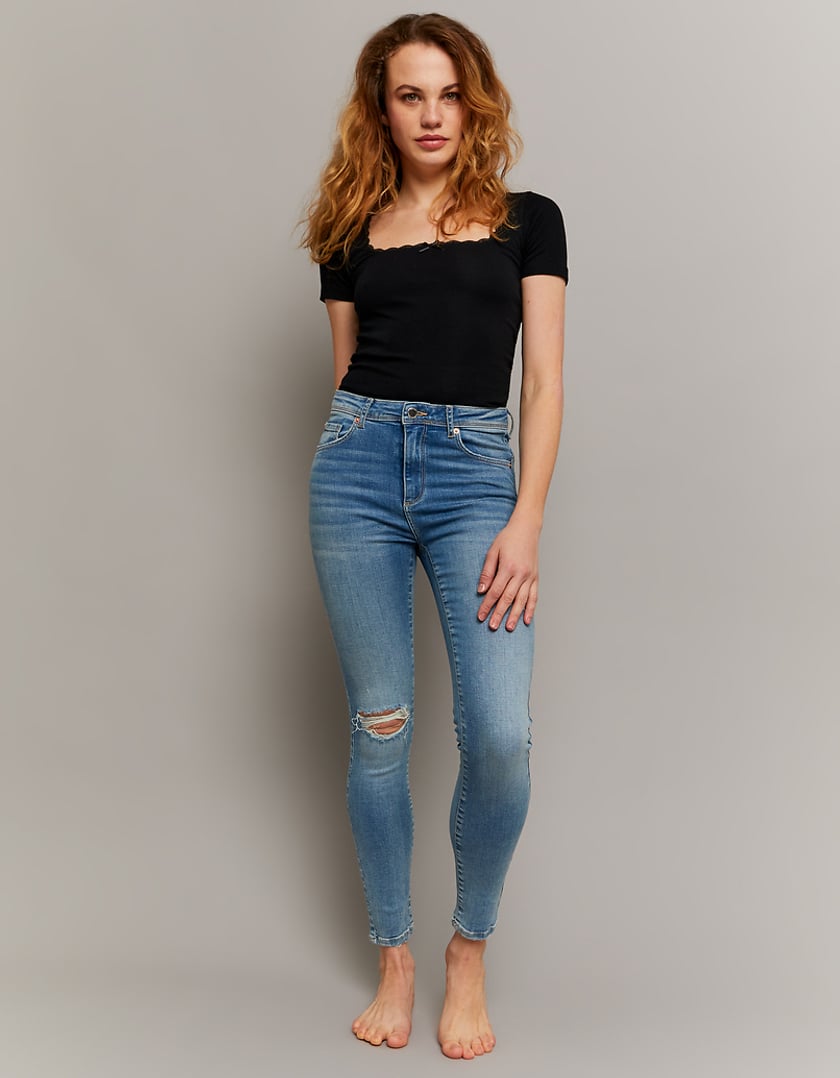 Ladies Blue Skinny Mid Waist Push Up Jeans-Model Full Front VIew