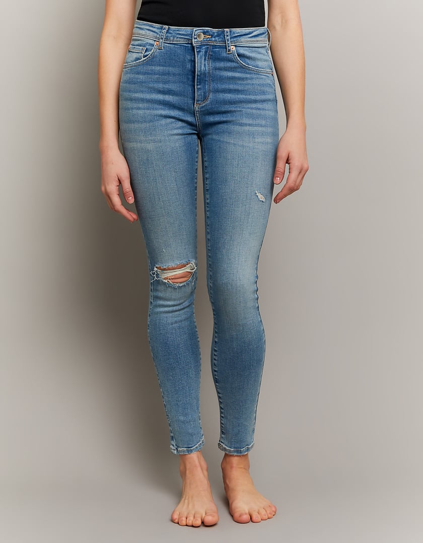 Ladies Blue Skinny Mid Waist Push Up Jeans-Model Front View