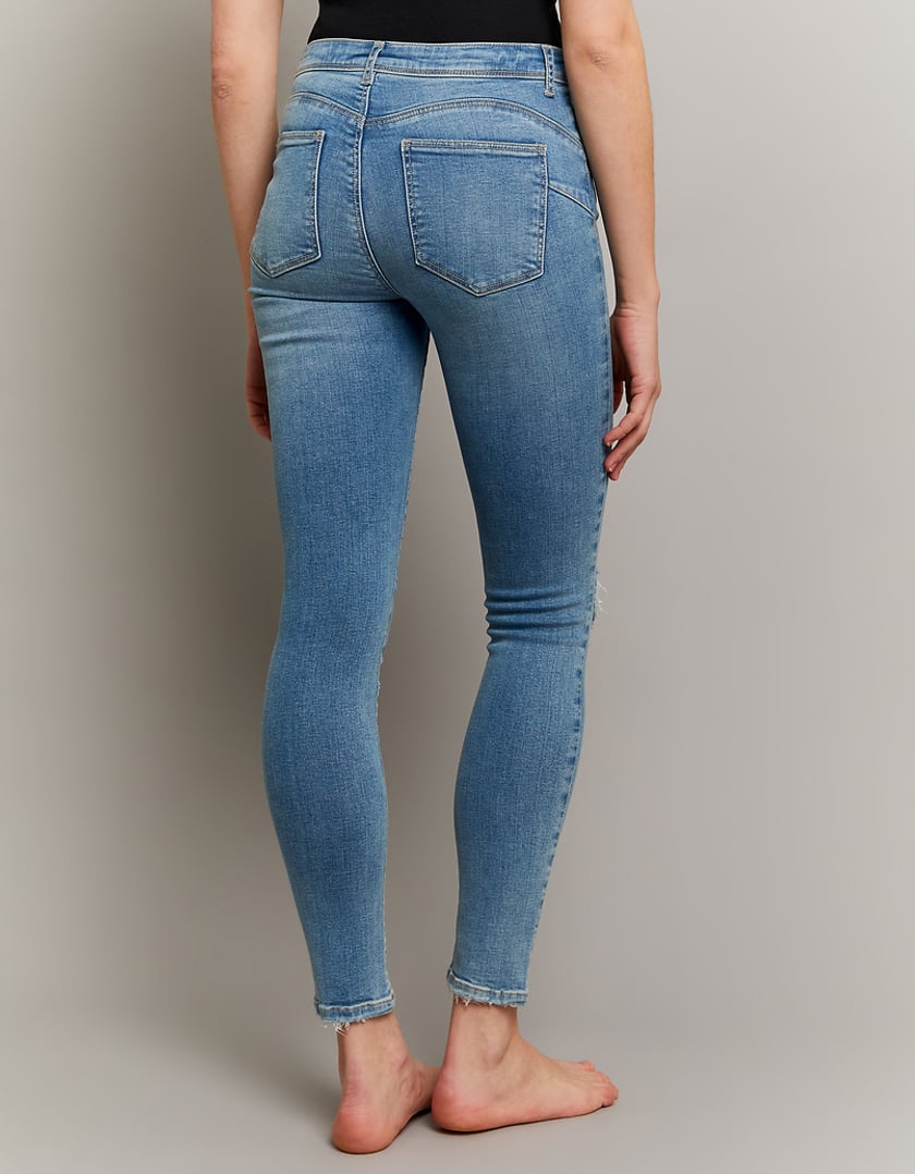 Ladies Blue Skinny Mid Waist Push Up Jeans-Model Back View